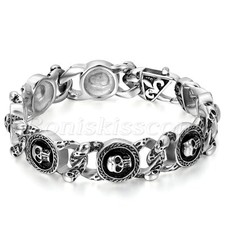 Men's Gothic Black Silver Tone Stainless Steel Skull Link Chain Biker Bracelet