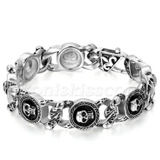Men's Gothic Black Silver Tone Stainless Steel Skull Link Chain Biker Bracelet