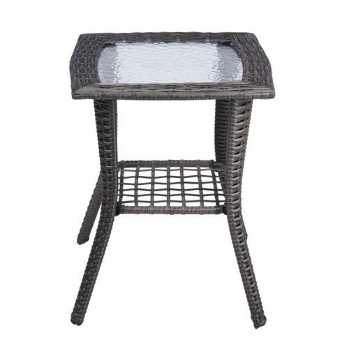 New Outdoor Wicker Side Table Rattan End Table with Glass Top for Indoor Garden - Picture 2 of 9