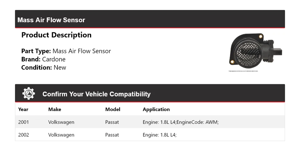 For 2001-2002 Volkswagen Passat 1.8L L4 Mass Air Flow Sensor Cardone - Image 2 of 4