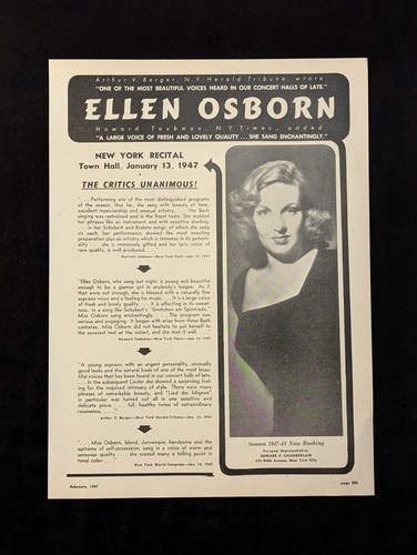 Ellen Osborn 1947 Booking Ad Musical Performer Concert Soprano - Picture 2 of 2
