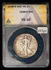 1938-D 50c Walking Liberty Silver Half Dollar - ANACS VG 10 - SKU-X4720