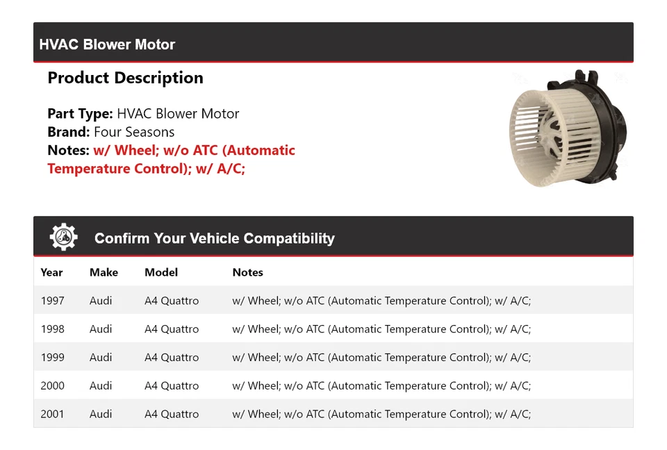 For 1997-2001 Audi A4 Quattro HVAC Blower Motor 4 Seasons 1998 1999 2000 - Image 2 of 4