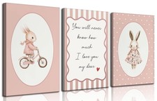 3Pcs Bunny Nursery Canvas Wall Art Pink Baby Girl Nursery Wall Decor Pictures...