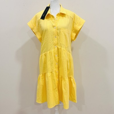 NWT Veronica Beard Harrow Tiered Seersucker Shirt Mini Dress Pale Yellow Size L
