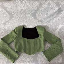 Zara Crop Top Womens M Houndstooth Green Blouse Corset Style Square Neck