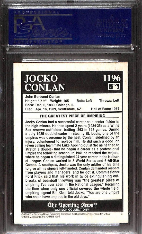 1994 Conlon Collection #1196 Jocko Conlan PSA 7 NM 17310428 - Image 2 of 3
