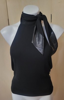 Sexy! CACHE Black Halter Top Sz8 Rayon Stretchy Detailed Neckline Ties, Lined