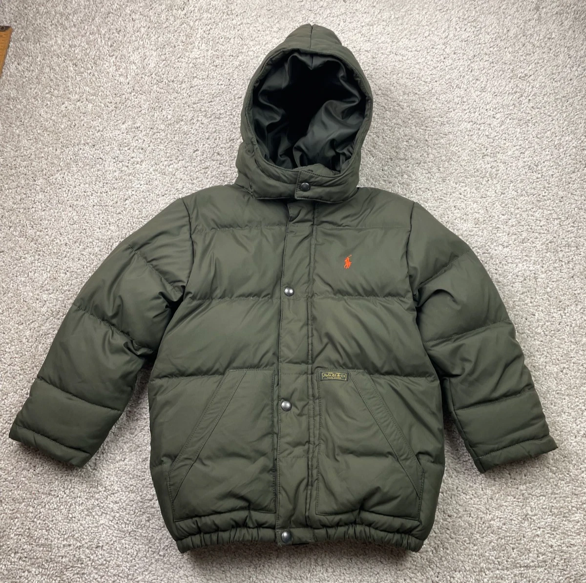 Polo Ralph Lauren Down Puffer Jacket Kids Size 7 Green Detachable Hood Goose