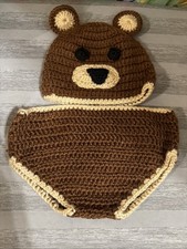 Cappello e pannolino all'uncinetto a mano orso tg 0-9 mesi neonato bambino foto nuovo