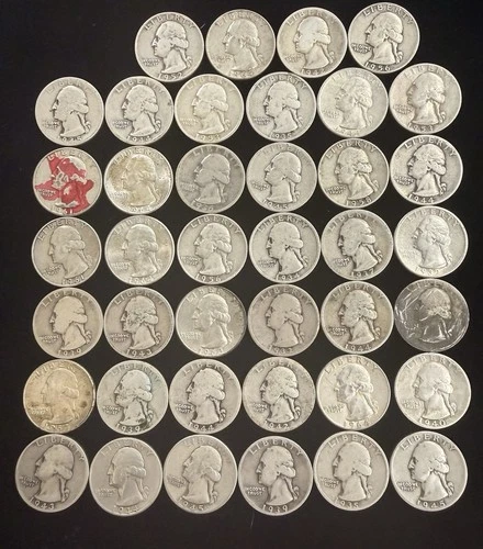 Mixed date Washington Quarters 90% Silver 40 Coin Lot