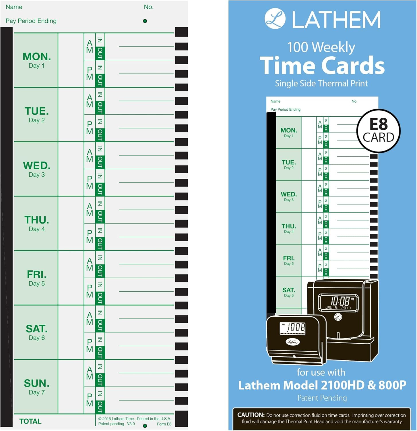 Lathem Weekly Employee Time Card Pack, 100 Count E8 Thermal Print Timesheets, Si