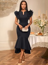 LATEST DESIGN Black V Neck Ruffles Bodycon Fishtail Midi Evening Dress Size 14