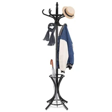 GOFLAME 73 Coat Rack Freestanding, Wooden Coat Tree with 12 Hooks and Umbrella