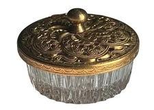 Vintage Mini Glass Trinket Dish With Ornate Gold Metal Lid Starburst