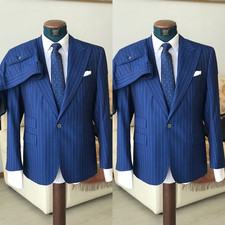 Striped Men's Suit Peak Lapel Workwear Offical Tuxedo Jacket Business 2Pcs