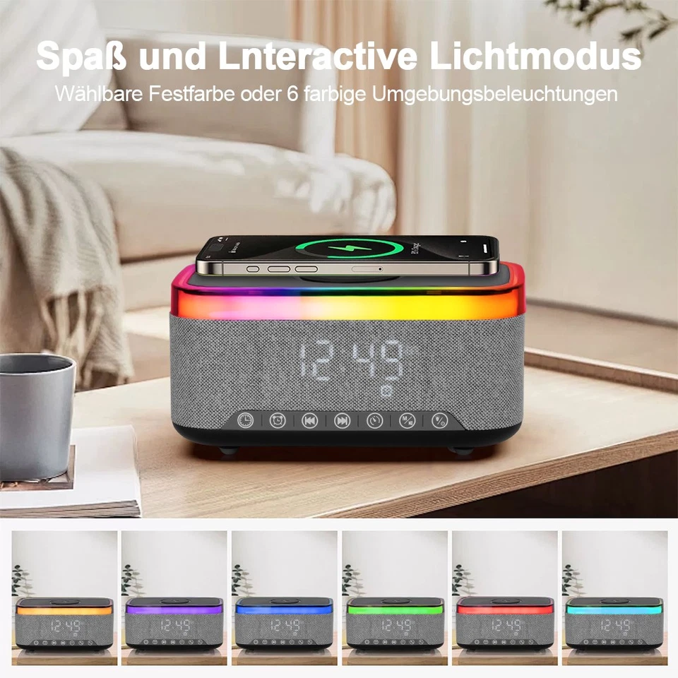8in1 Radiowecker Uhrenradio Wecker, QI-Ladefunktion, Bluetooth Lautsprecher,RGB - Bild 4 von 4