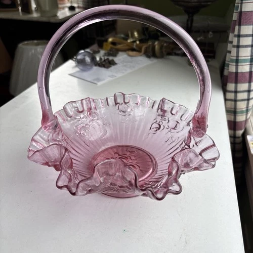 Vintage Fenton Art Glass Basket Ruffled Edge Cabbage Rose Dusty Pink Rose
