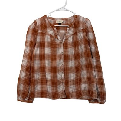 Universal Thread Women Woven Plaid Button-up Long Sleeve Shirt Rust/White Size S