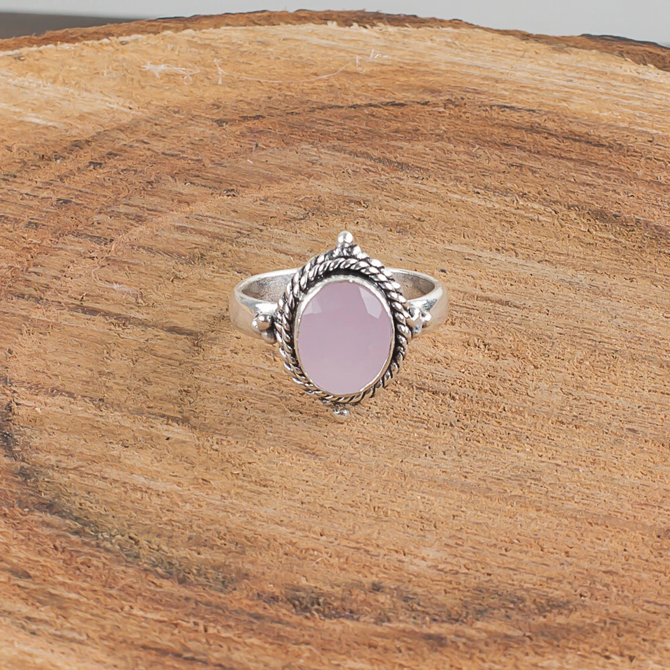 Anel feminino de pedra preciosa natural calcedônia rosa prata esterlina 925 presente - Imagem 2 de 4