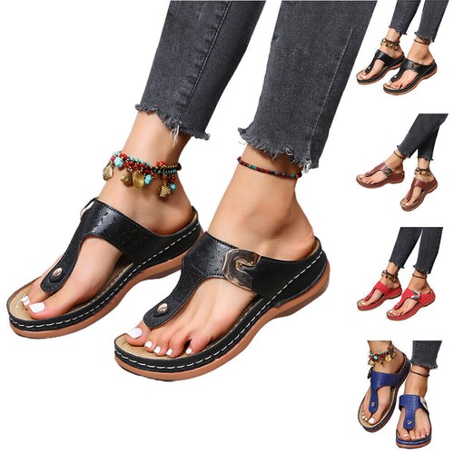 New Women Summer Sandals Flip Flops Casual Comfort Low Wedge Toe Post Shoes  Size | eBay