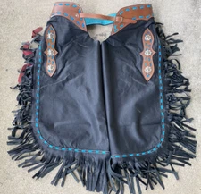 S black full grain leather chinks/chaps w/turquoise stitching, silver conchos