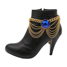 Women Gold Metal Boot Chain Waves Bracelet Anklet Shoe Blue Color Bling Charm