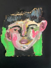 Man Portrait Painting Original Colorful Green Unique Naive Wall Art Miz Katie