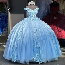 Light Blue Off Shoulder Quinceanera Dresses Floral Lace Tulle Ball Gown Sweet 16