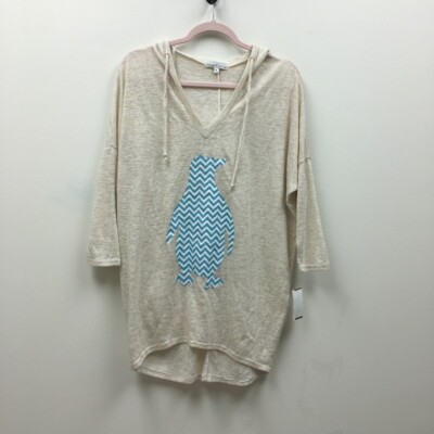 Moa Moa Womens Hooded Pullover Top Beige Penguin 3/4 Sleeve V Neck Drawstring M