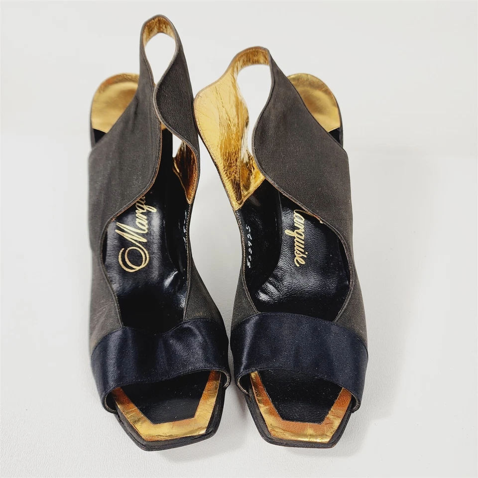 Zapatos de tacón vintage de lona con cordones negros marquesa talla 8 Foto 2 de 4