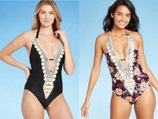 Women's Crochet Trim Plunge One Piece Swimsuit - Kona Sol - Various Sizes - S724