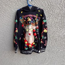 Ugly Christmas Sweatshirt Hoodie Kids M Reindeer Lights Ornaments Oversized Fit