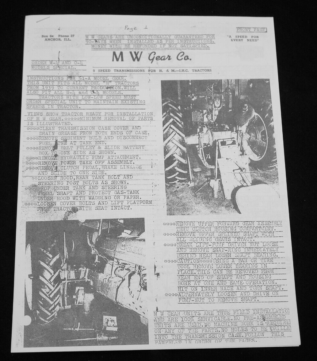 M&W Gear Co. 9 Speed Transmission IH Farmall H M Super M MTA