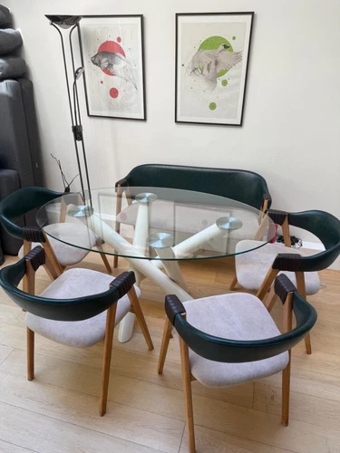 glass dining table , 2 seater bench and 4 chairs used