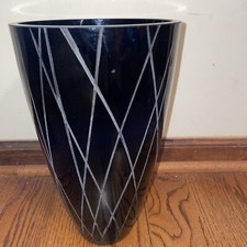 Art Glass Vase Large Vintage Hand Blown Modernist Black Cross Etch 12" x 7"