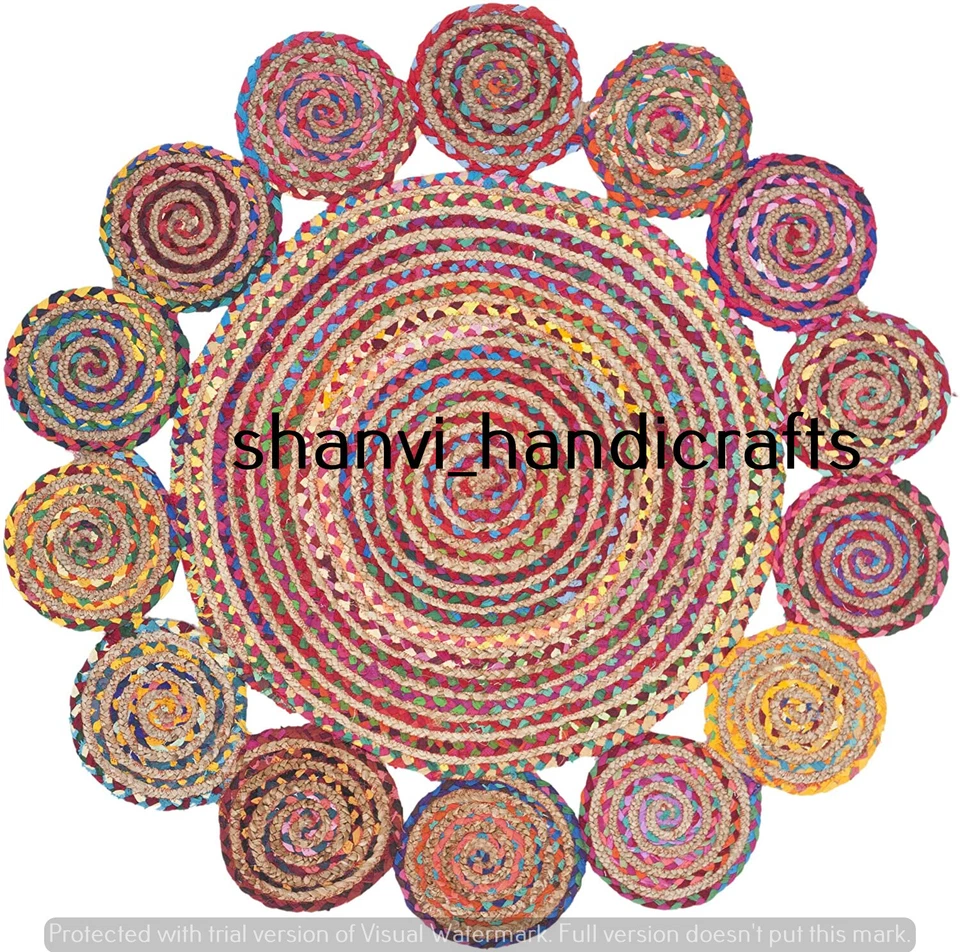 Handmade Round Braided Rug Hand Woven Jute Cotton Rug Multi Chindi Round Rug Mat - Image 4 of 4