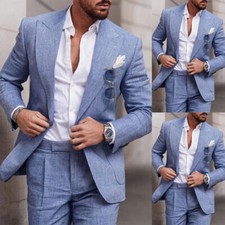 Blue Linen Men's Suits Summer Casual Business Peak Lapel Wedding Groom Blazer