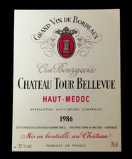 Original Vintage Wine Label Chateau Tour Bellevue 1986 France