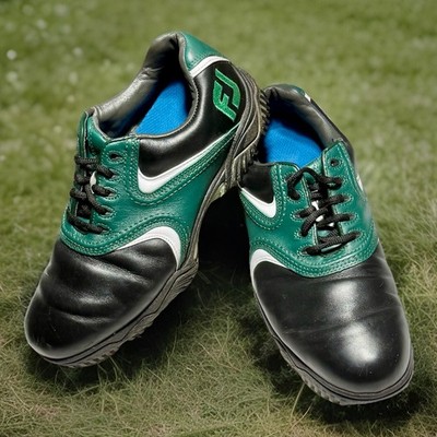 FootJoy FJ Icon Black Green Leather Golf Shoes Men s 8.5 XW Spiked