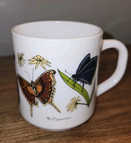 Arcopal France Butterfly Milk Glass 8 Oz Mug Signed R. Carman Vintage 1960's