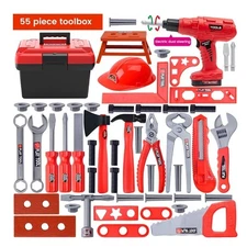 Kids Toddler Red Tool Set with Helmet & Toolbox Pretend Play Construction Build