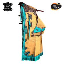 Handmade Western Leather Chaps Cowboy Rodeo Fringe Tan Turquoise Custom Style