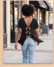Womens Black Pullover Short Sleeve Blouse Leo...