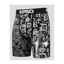 PSD Mens Chrome Letters Boxer Briefs Black Silver Foil Gothic Crosses New Med