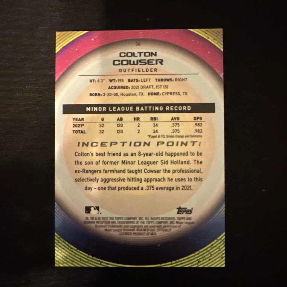 2022 BOWMAN INCEPTION COLTON COWSER #36 PROSPECT ORANGE #/25 COLOR MATCH O'S - Image 2 of 4