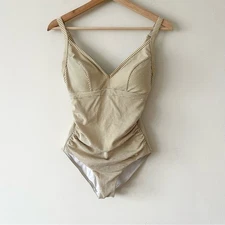 Sunseeker Striped Off White and Mustard Yellow One-Piece Swimsuit Size 6