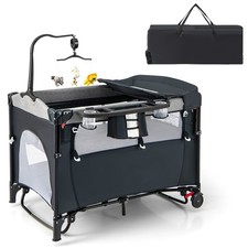 Baby Foldable 5 in 1 Nursery Center Toddler Bedside Crib W/ Music Box Black