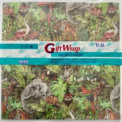 Vintage Jungle Safari Gift Wrap Cleo Tiger Elephant Parrot Sealed 80s 90s USA