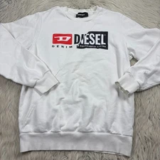 Diesel Men's S White Patchwork Logo Crew Sweatshirt 100% Cotton